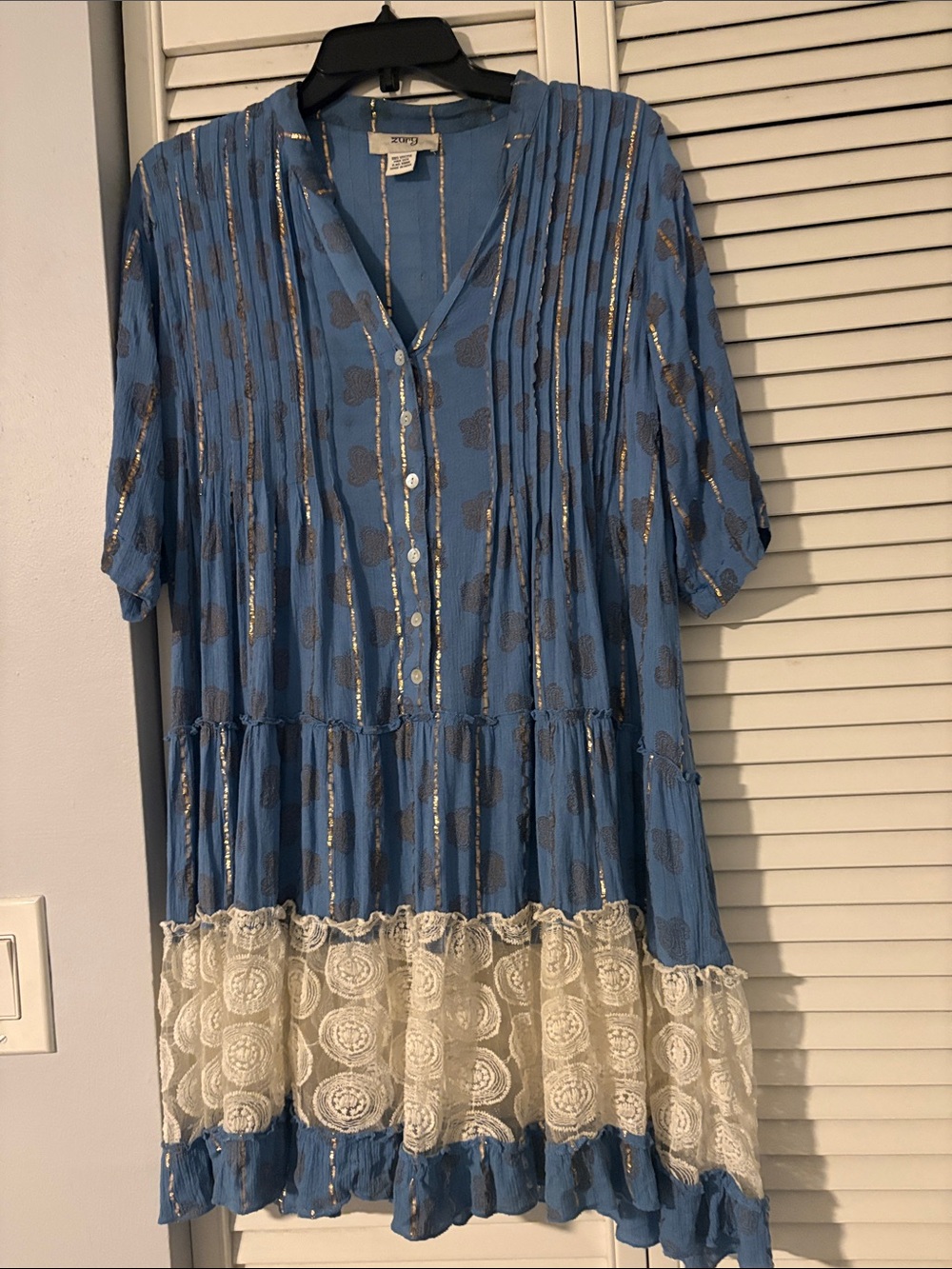 Zury bohemian tunic Blue Lace-Trim Button Midi Dress